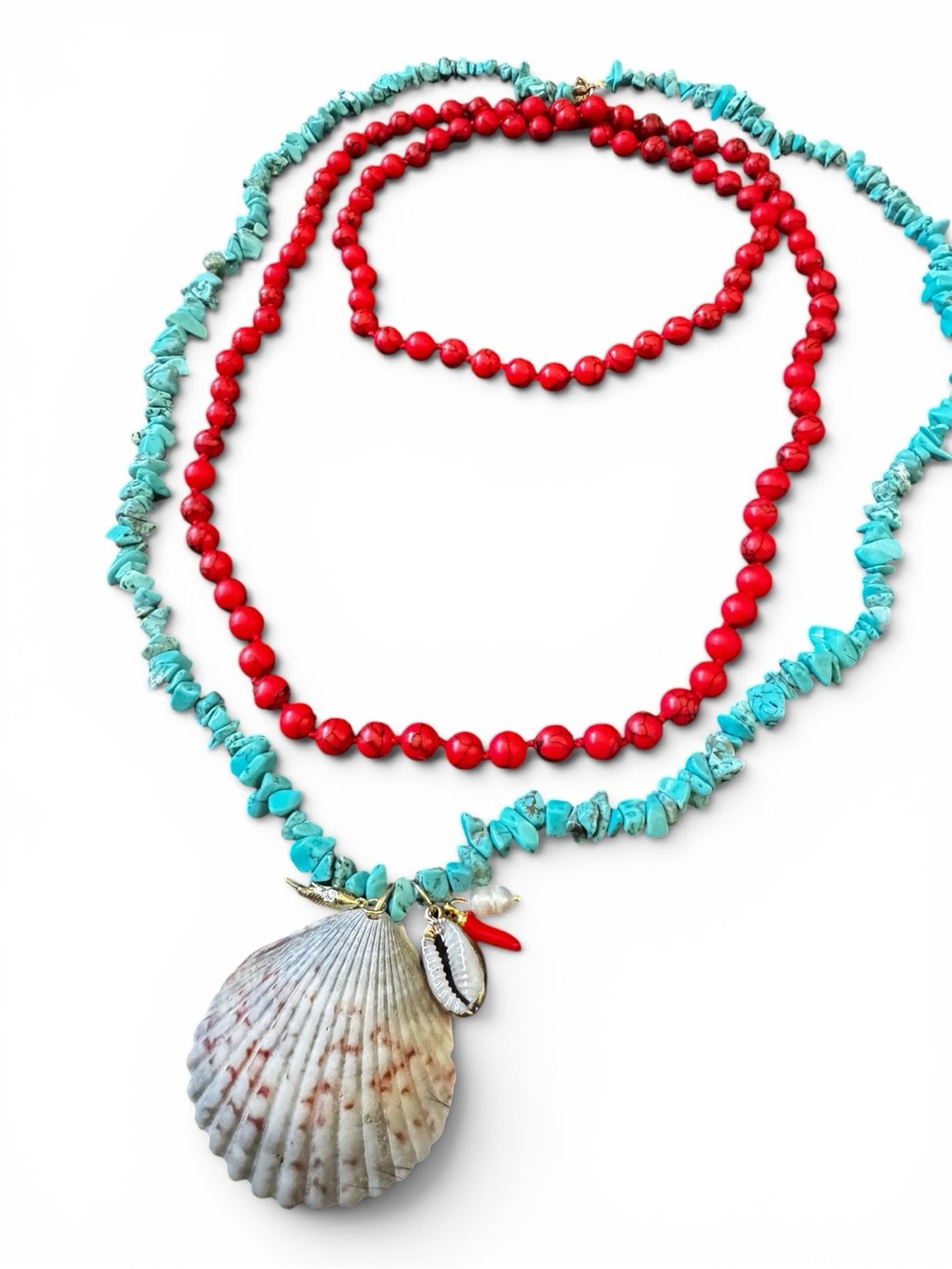 Turquoise & Red Coral real Shell Layered Necklace